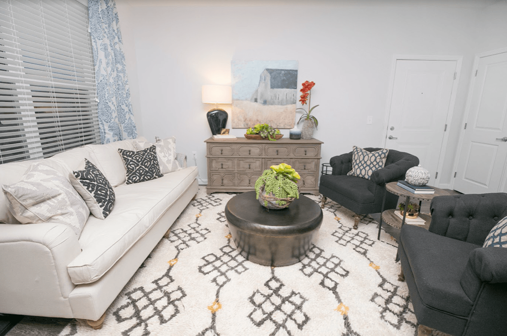 a living room with couches and chairs and a rug