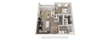 a 3d floor plan of a studio apartment with a bedroom and a living room