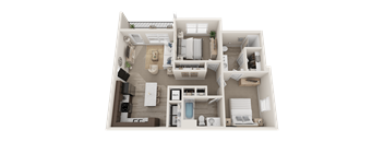 A 3D floor plan of an apartment showing a kitchen, living room, dining area, and bedrooms.
