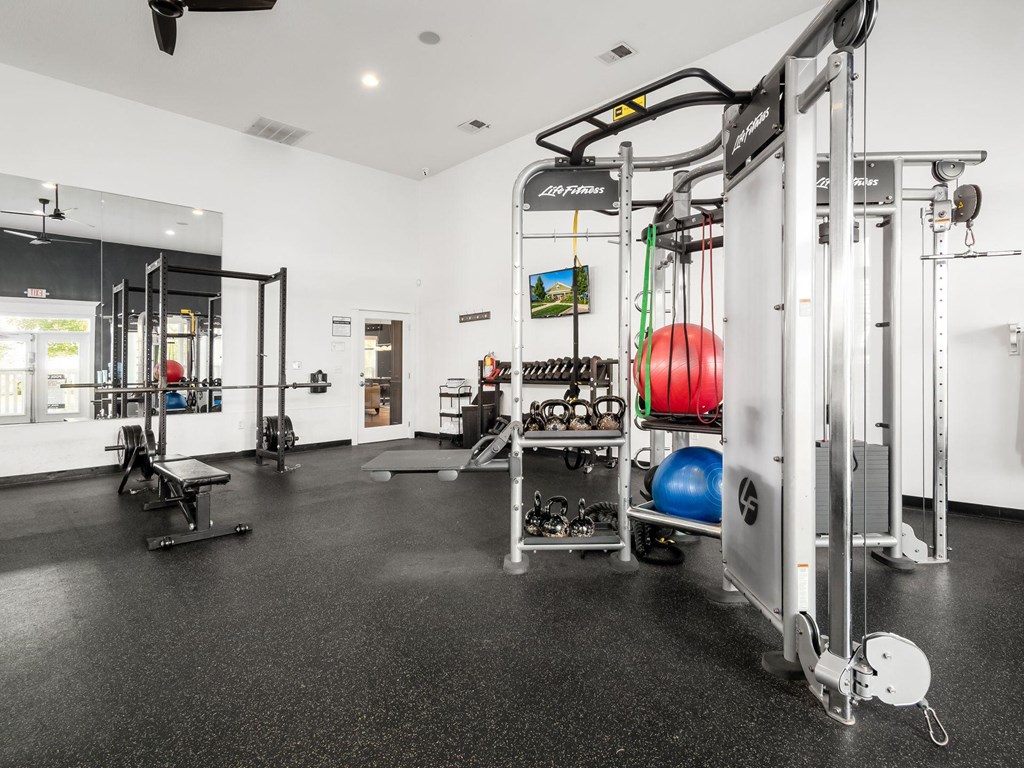 the home gym is equipped with weights and cardio equipment