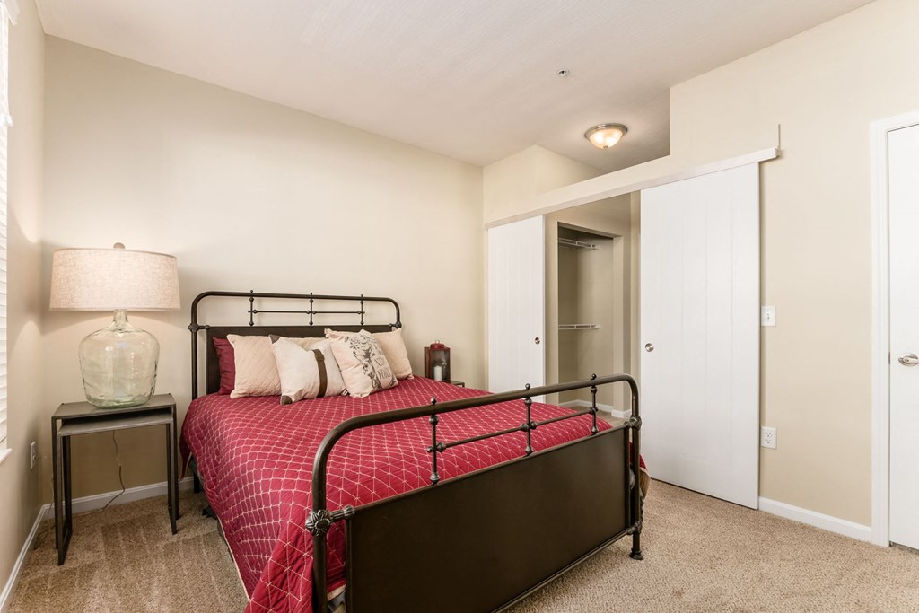 a bedroom with a bed and a door to a closet