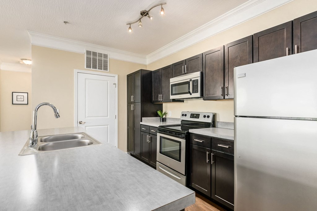 a kitchen with stainless steel appliances and black cabinets
