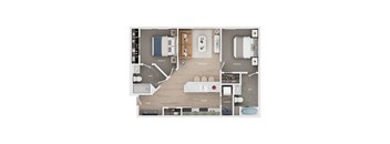 A floor plan of a small apartment with two bedrooms, a living room, a kitchen, a laundry area, and an entryway.