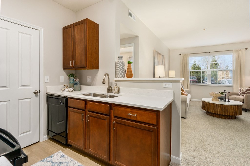 a kitchen with a sink and a door to a living room