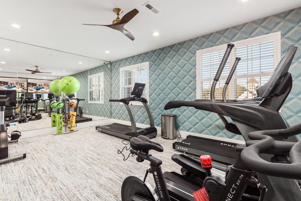 a gym with treadmills and other exercise equipment