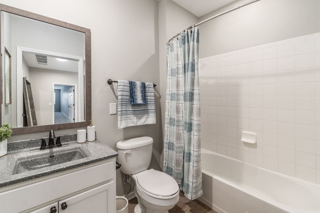 a bathroom with a toilet sink and tub and a mirror