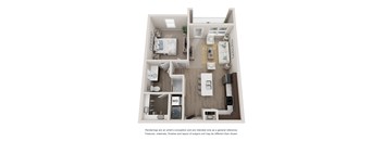 A 3D floor plan of an apartment with one bedroom and a living area.