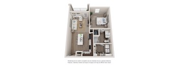 A floor plan of a small apartment with a kitchen, living room, and bedroom.