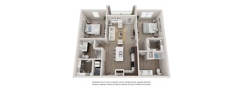 A 3D floor plan of an apartment with two bedrooms and a living area.