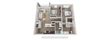 A 3D floor plan of an apartment with two bedrooms and a living area.