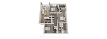 A 3D floor plan of an apartment with three bedrooms and a living area.