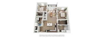 A floor plan of a two-bedroom apartment with a kitchen, living room, and bathroom.