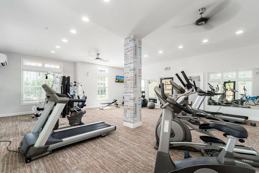 a gym with various exercise machines and windows