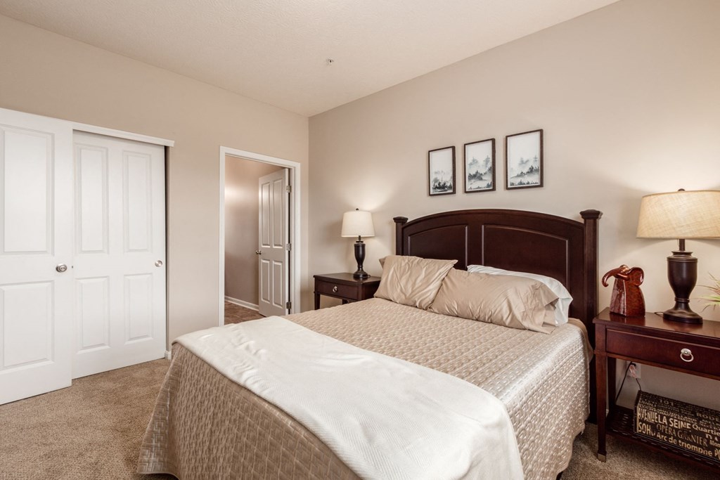 a bedroom with a large bed and a closet