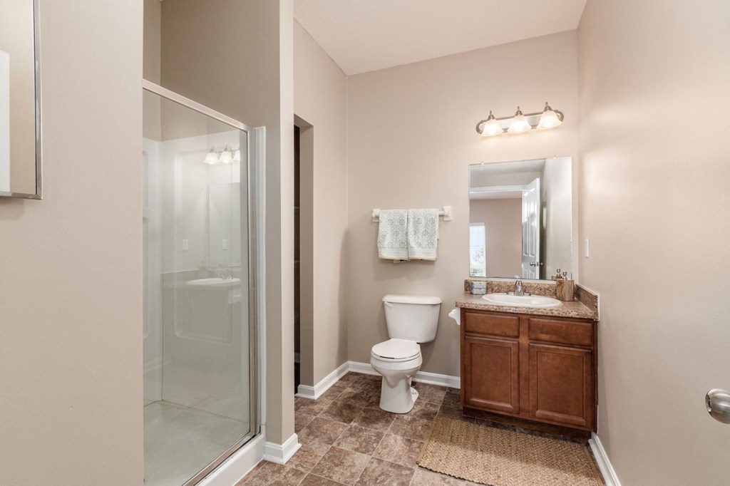 a bathroom with a shower toilet and sink