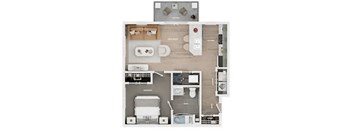A floor plan of a small apartment with a kitchen, living room, and bathroom.