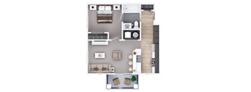 A top-down view of a modern apartment layout with a kitchen, living room, and bedrooms.