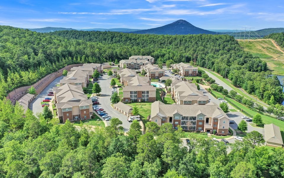 arial view of a subdivision of houses with a mountain in the background