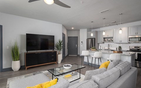 A modern living room with a grey sofa and a black television.