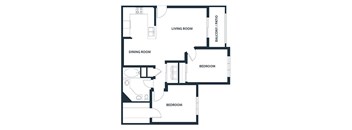 A black and white image of a floor plan for a home with a living room, dining room, and two bedrooms.