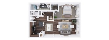 A top-down view of a modern living room with a grey sofa, a coffee table, and a TV.