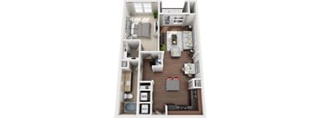A 3D floor plan of a small apartment with a living room, kitchen, and bathroom.