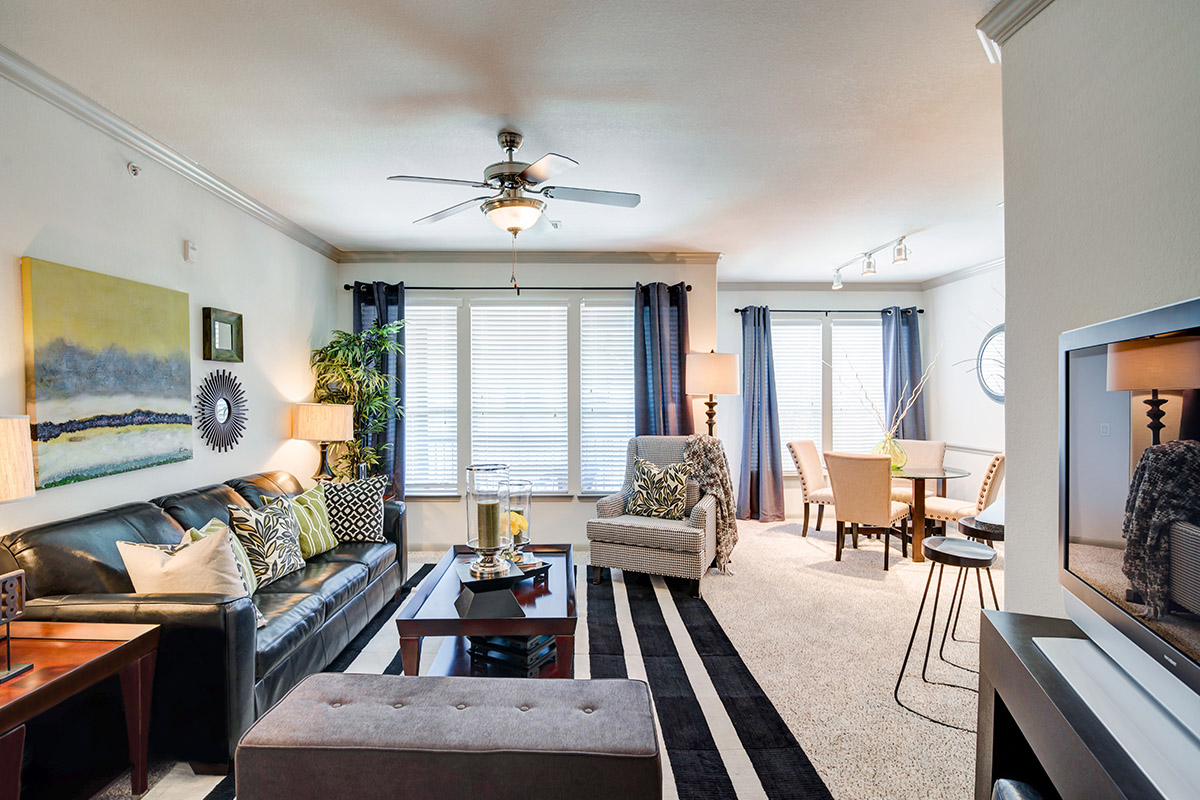 A living room with a black couch and a coffee table.