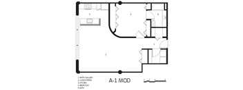 A black and white floor plan of a modular home with labeled rooms.
