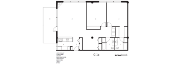 A black and white floor plan of a C-1a apartment with a living room, kitchen, dining room, and bedrooms.
