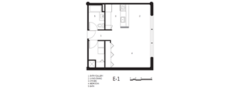 A black and white image of a floor plan of an E-1 plan