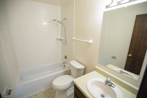 A white toilet sits next to a bathtub in a bathroom.