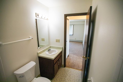 A bathroom with a toilet, sink, and mirror.