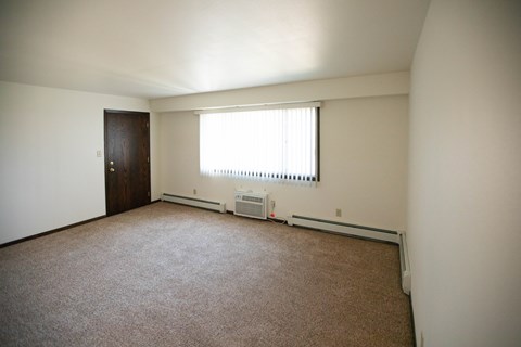 A room with a brown carpet and a window with blinds.