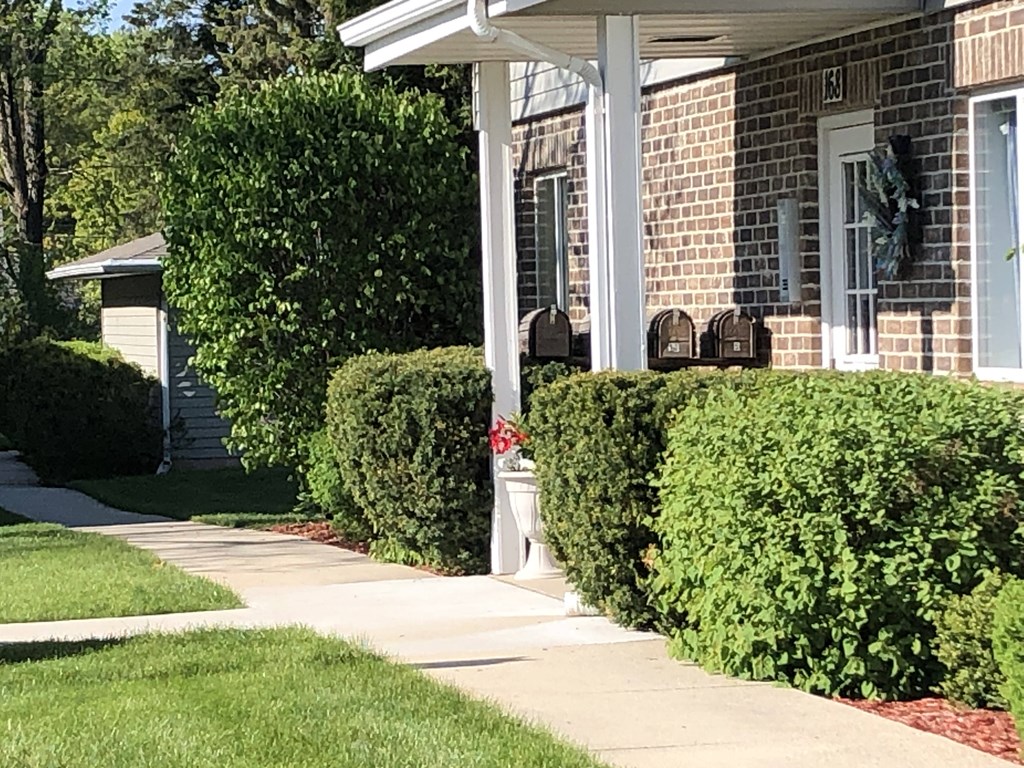a house with a porch and bushes in front of it