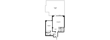 A floor plan of a house with a living room, dining room, kitchen, bedroom, bathroom, and an outside patio.