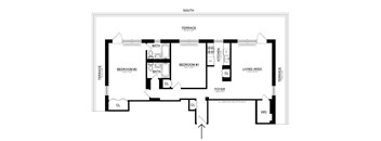A black and white floor plan of a house with two bedrooms, a living area, a kitchen, a bath, and a foyer.