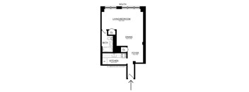 A floor plan of a small apartment with a living room, dining area, kitchen, bathroom, and cloakroom.