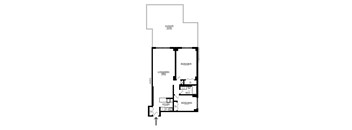 A black and white image of a floor plan for a house with two bedrooms, a living/dining area, a bathroom, and an outdoor patio.