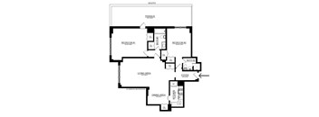 A black and white floor plan of a house with two bedrooms, a living area, a dining area, a kitchen, and two bathrooms.