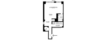 A floor plan of a small apartment with a living room, dining room, kitchen, bathroom, and two closets.