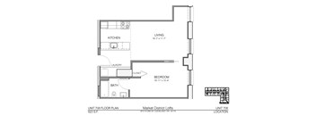 A floor plan of a unit with a kitchen, bathroom and bedroom.