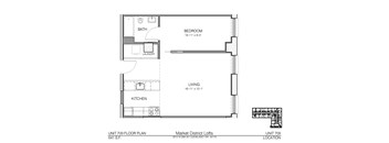 A floor plan of a unit with a bedroom, living room, kitchen and laundry.