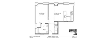 A floor plan of a unit with a bedroom, living room, kitchen and bath.