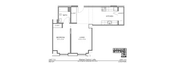 A floor plan of a one bedroom apartment in the Market District of Lofts.