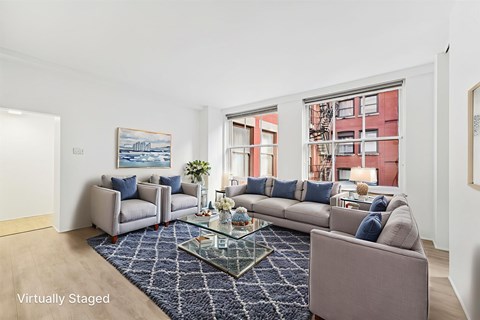 A living room with a grey couch and a blue rug.
