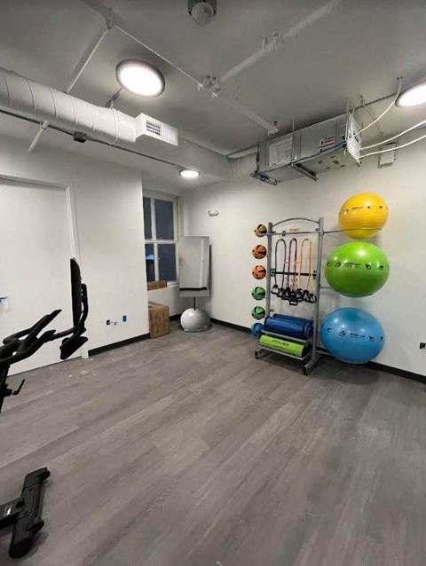 a gym with a bunch of weights and balls in it