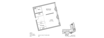 a floor plan of a small house with a bedroom and a living room