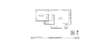 A floor plan of a 615 S.F. apartment from Carriage Co. Apartments.