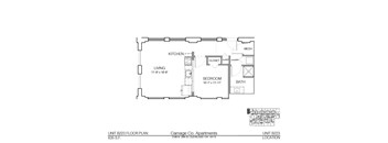 A floor plan for a 635 S.F. apartment at Carriage Co. Apartments.