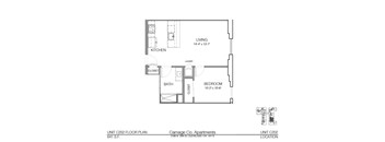A floor plan for a 1 bedroom apartment at Carriage Co. Apartments.